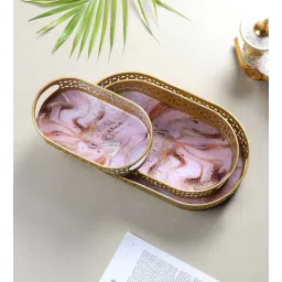 Oval Pink & Gold Wavy Design Meena Tray Set of 3-image-32