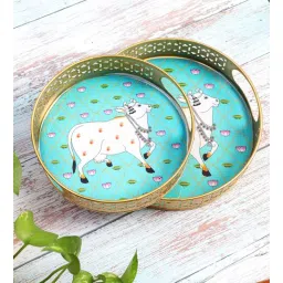 Round Green Pichwai Tray Set of 2-image-24