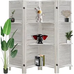 Amazing Wood Store Wooden Partition for Living Room/Dividers and Folding Privacy Screens, Louver-Design Room Divider with Removable Storage Shelves (Distressed White)-picture-17