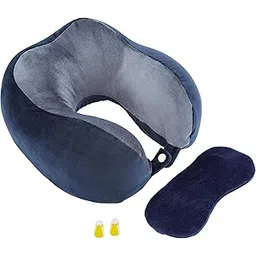 amazon basics Memory Foam Premium Travel Neck Pillow + Sleeping Eye Mask + Noise Isolating Ear Plugs Combo| Extra Comfortable | Super Soft Velvet Fabric I Blue & Grey-picture-34