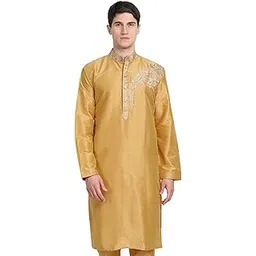 amazon brand - anarva Art Silk Kurta for Men Embroidered Straight Long Outfit (Gold,M)-picture-13