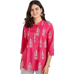 amazon brand - myx Women's Screen Print Relaxed Cotton Printed A-line Short Kurti (Available in Plus Sizes)-picture-29
