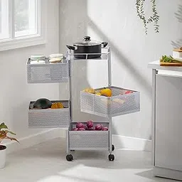 Amazon Brand - Solimo 360° Revolving 4 Layer Multipurpose Kitchen Trolley Rack with Wheels | Steel Square Organizer | for Fruit, Vegetable Storage | Preassembled | Matte Silver Finish | 31 x 74 cm-picture-28
