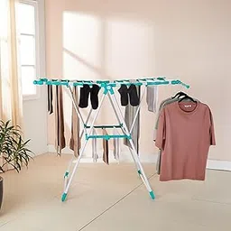 Amazon Brand - Solimo Cloth Drying Stand with Extendable Rods | Dimensions: 135 * 79 * 14 Cm (Sea Green and White) Iron-picture-20