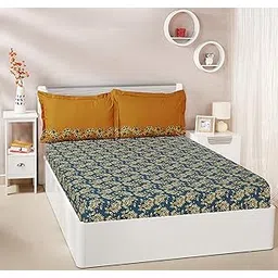 Amazon Brand - Solimo Ditsy Dale 144 TC Cotton Double Bedsheet with 2 Pillow Covers, Blue-picture-29