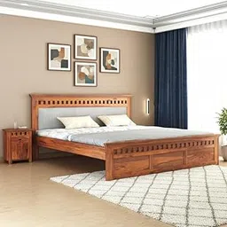Amazon Brand - Solimo Solid Sheesham Wood Kuber King Size Upholstered Bed Without Storage | Wooden Double Bed Cot Palang Furniture with 2 Bedside Table for Bedroom, Living Room Home (Honey Finish)-image-1