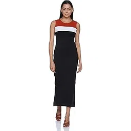 amazon brand - symbol Women's Crepe Bodycon One Piece Maxi Length Dress (with Color Block)-picture-22