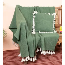 ambbi collections Green Solid Cotton 63x66 Inches Sofa Throw with Cushion Cover-picture-14