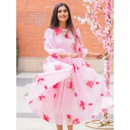 Ambraee Floral Print Puff Sleeves Organic Cotton Fit & Flare Midi Dress with Inner-picture-25