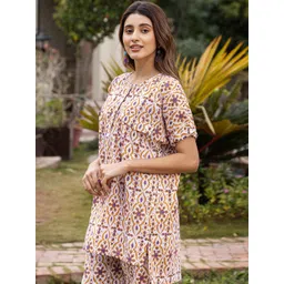 Ambraee Floral Printed Round Neck Short Sleeves Tunic With Trousers Co-Ords-picture-11