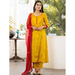 Ambraee Women Mustard Yellow Floral Embroidered Kurta with Trousers & Dupatta-picture-21