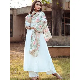 Ambraee Women White Printed Kurta with Trousers With Dupatta-picture-17