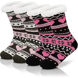 ameena store Women’s/Men’s Winter Socks Fluffy Snowflake Ankle-Length Socks, Soft Terry Fur Lining, Thick Thermal Warm Knit Slippers| Multi Colors (Pack Of 2)-picture-34