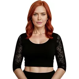 Round Neck Cotton Lycra Blouse Saree Blouse 3/4 Net Sleeve Readymade Stretchable Blouse for Women and Girls Indian Stylish Size (26 to 44)-image-14