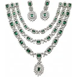 American Diamond Emerald Green Necklace Set with Earrings, Rhodium Plated Bridal Jewellery-picture-35