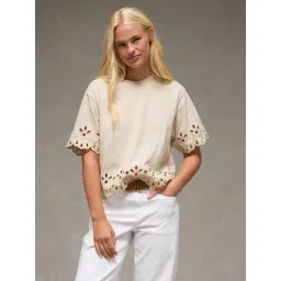 American Eagle Beige Cotton Regular Fit Embroidered Top-picture-34