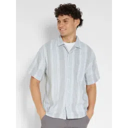 American Eagle Men Green Striped Button-Up Poolside Shirt-picture-13