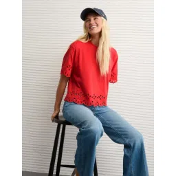 American Eagle Red Cotton Regular Fit Embroidered Top-picture-31