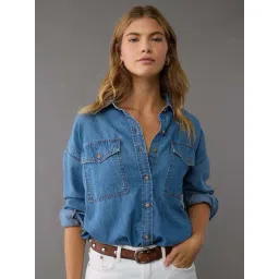 American Eagle Outfitters Blue Cotton Plain Shirt-picture-36