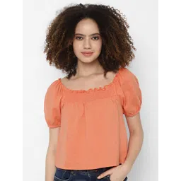 AMERICAN EAGLE OUTFITTERS Women Peach-Coloured Round Neck Crop Top-picture-42