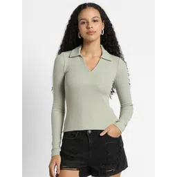 AMERICAN EAGLE OUTFITTERS Women Solid Polo Collar Slim Fit T-shirt-picture-26