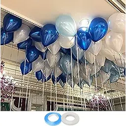 AMFIN® 10 Inch Dark Blue, Light Blue & White Metallic Balloons with Ribbon, Blue and White Balloons for Decoration-image-3