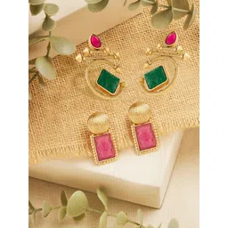 AMI Set Of 2 Gold-Plated Artificial Stones Studded Geometric Shaped Drop Earrings-picture-28
