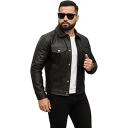 amicraft Men's Faux Leather Motorcycle Jacket, Black, Regular Fit, Quilted Sleeves,-picture-51
