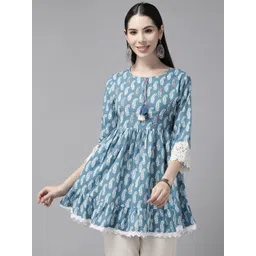 Amirah s Women Blue & White Paisley Print Tunic with Lace Detail-picture-21