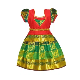 AMIRTHA FASHION Girls Red & Green Thread Work Ready to Wear Lehenga-picture-55