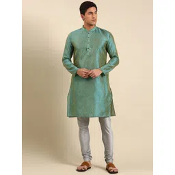 Amodh by Kisah Ethnic Motifs Woven Design Mandarin Collar Dupion Silk Kurta-picture-29