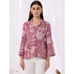 AMOUS Floral Printed Lapel Collar Bell Sleeve Shirt Style Top-picture-21