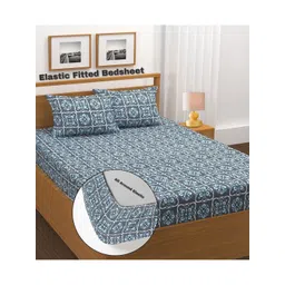 AMRANGE Blue & White Printed Fitted Microfiber 210 TC Double King Bedsheet Set 1.8m x 1.9m-image-13