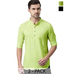 AMRIT TOP WEAR Men Pack Of 2 Band Collar Roll-Up Sleeves Cotton Kurta-picture-13