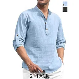 AMRIT TOP WEAR Men Pack of 2 Band Collar Roll-Up Sleeves Kurta-picture-14