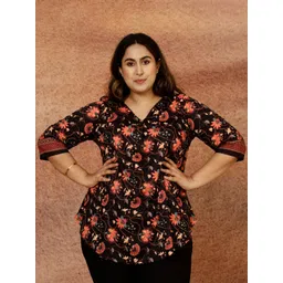 Amydus Plus Size Floral Printed V-Neck Shirt Style Top-picture-34