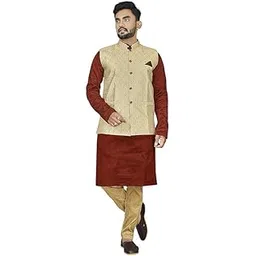 amzira Ethnic Wear Kurta Pyjama With Jacket/Waistcoat/Blazer/Koti For Men- Red-picture-54