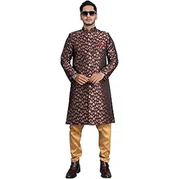 amzira Men's Heavy Jecquard Sherwani Set with Mandarin Collar Long Sleeves Jacket and Cotton Mandarin Collar Button Closure Kurta and Solid Cotton Pyjama-picture-27