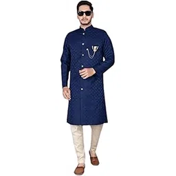 amzira Men's Indo Western Sherwani Set with Traditional Heavy Jacquard Mandarin Collar Long Sleeve and Solid Cotton Elastic Waistband Closure Pjyama-picture-22