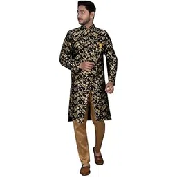 amzira Men's Indo Western Sherwani Set with Traditional Heavy Jacquard Mandarin Collar Long Sleeve and Solid Cotton Elastic Waistband Closure Pjyama-picture-36