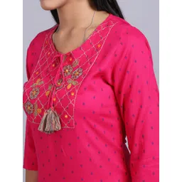 ANAISA Women Pink Floral Embroidered Mirror Work Kurta with Trousers image 2