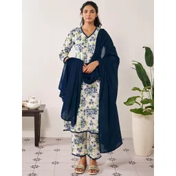anayna Floral Printed Panelled V-Neck Pure Cotton Aanarkali Kurta with Trousers & Dupatta-image-4