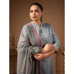 anayna Floral Printed Pure Cotton Kurta With Trousers & Dupatta-image-10