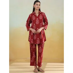 Anayna Floral Printed Shirt Collar Pure Cotton Tunic & Trouser-image-28