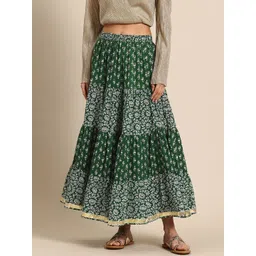 anayna Floral Printed Tiered Pure Cotton Flared Maxi Skirt-image-16