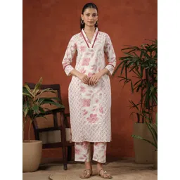 anayna Floral Printed V-Neck Pure Cotton Straight Kurta With Trousers-image-3