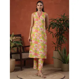 anayna Floral Printed V-Neck Pure Cotton Straight Kurta With Trousers-picture-15