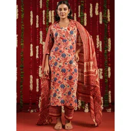 anayna Red & Blue Floral Printed V-Neck Pure Cotton Kurta with Trousers & Dupatta-image-5