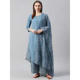 anayna Women Blue & White Self Striped Kantha Work Kurta with Trousers & Dupatta-picture-17