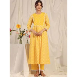 anayna Women Ethnic Motifs Printed Tiered Pure Cotton Kurta with Trousers-picture-36